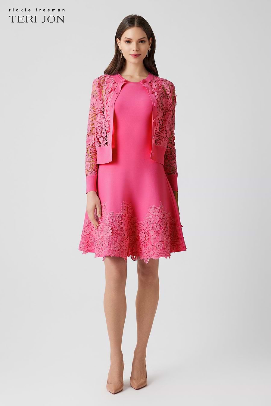 Teri Jon By Rickie Freeman Women's Knit Fit-and-Flare Lace Trim Dress - Pink - Size S - Hot Pink Teri Jon By Rickie Freeman Women's Knit Fit-and-Flare Lace Trim Dress - Pink - Size S - Hot Pink