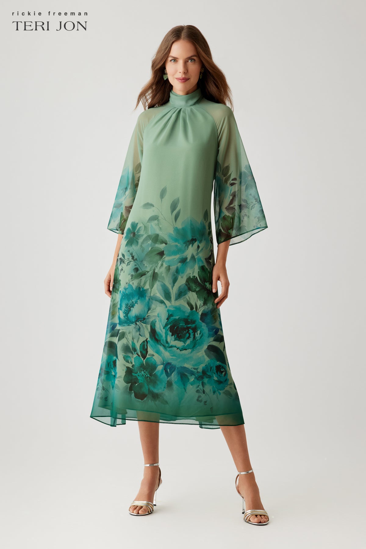 Chiffon Border Print Drape Neck 3/4 Sleeve A Line Midi Dress – Terijon.com