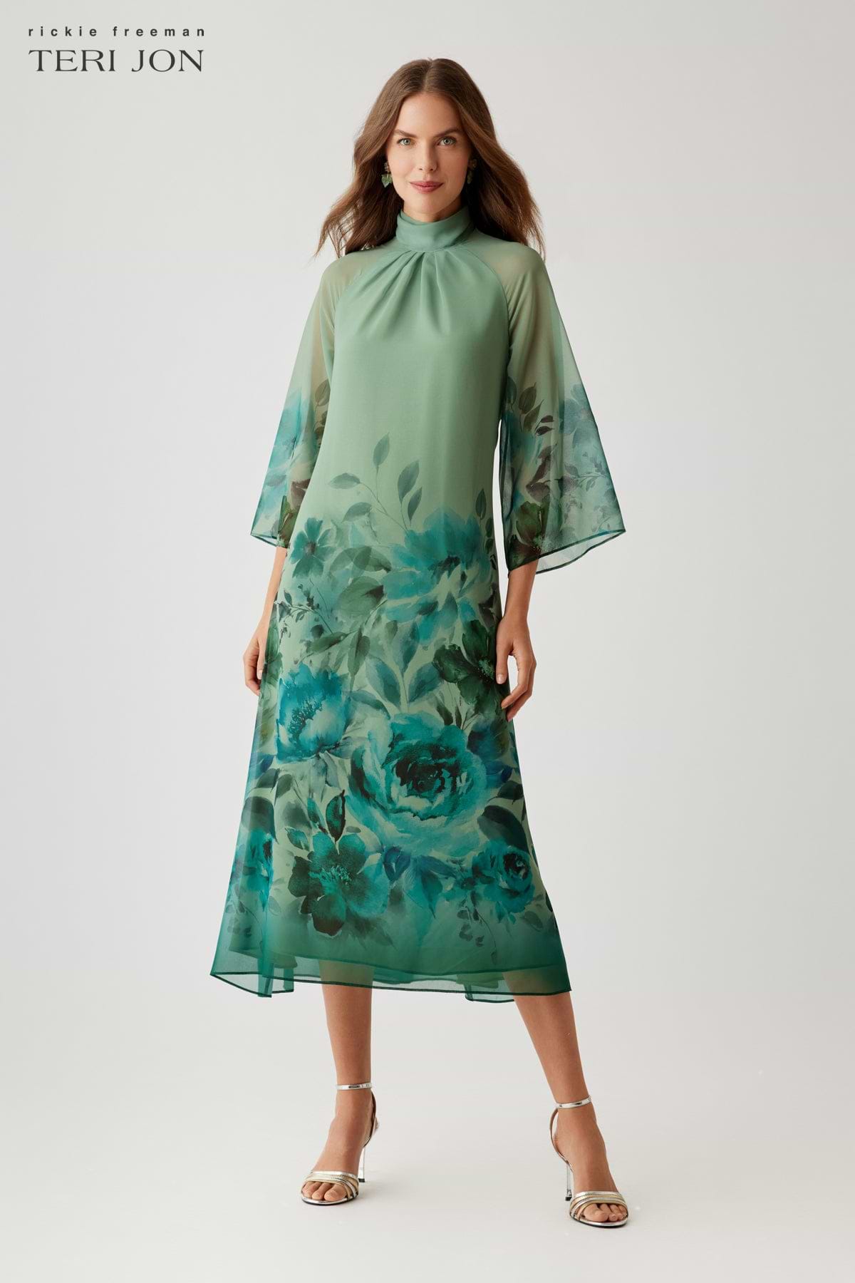 Chiffon Border Print Drape Neck 3/4 Sleeve A Line Midi Dress Terijon.com Chiffon Border Print Drape Neck 3/4 Sleeve A Line Midi Dress Terijon.com