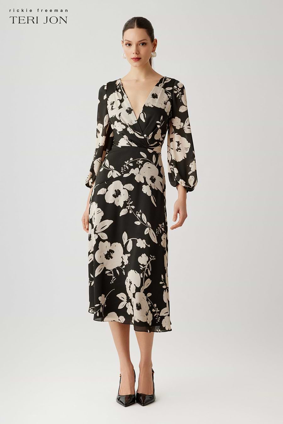 long sleeve floral tea dress Twill V Neck Long Sleeve Floral Print Dress – Terijon.com