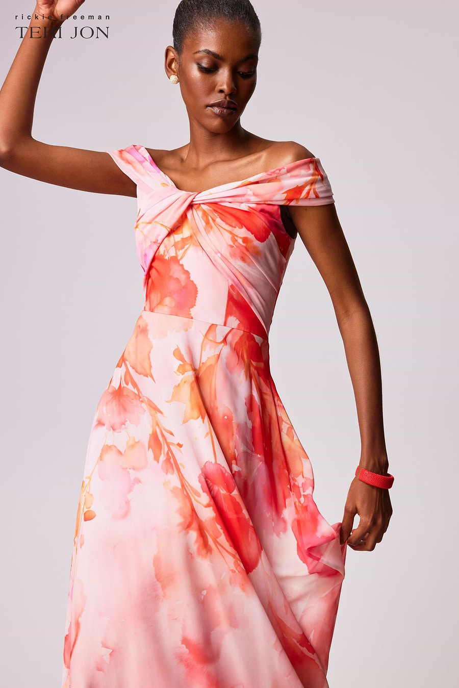 teri jon off the shoulder cocktail dress Color in motion 💗🧡, Designed to move with you. #TJSPRING26