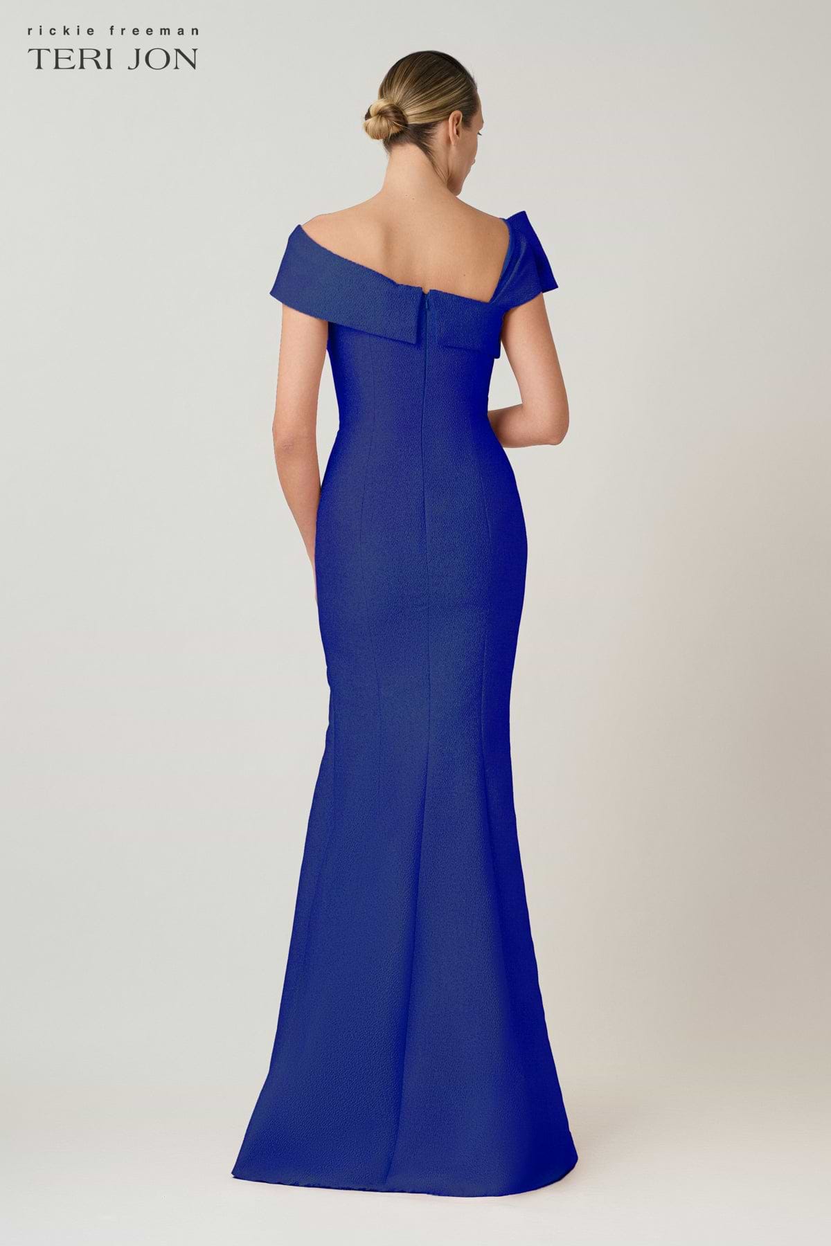 Metallic Jacquard Asymmetric Neck Bow Shoulder Gown – Terijon.com