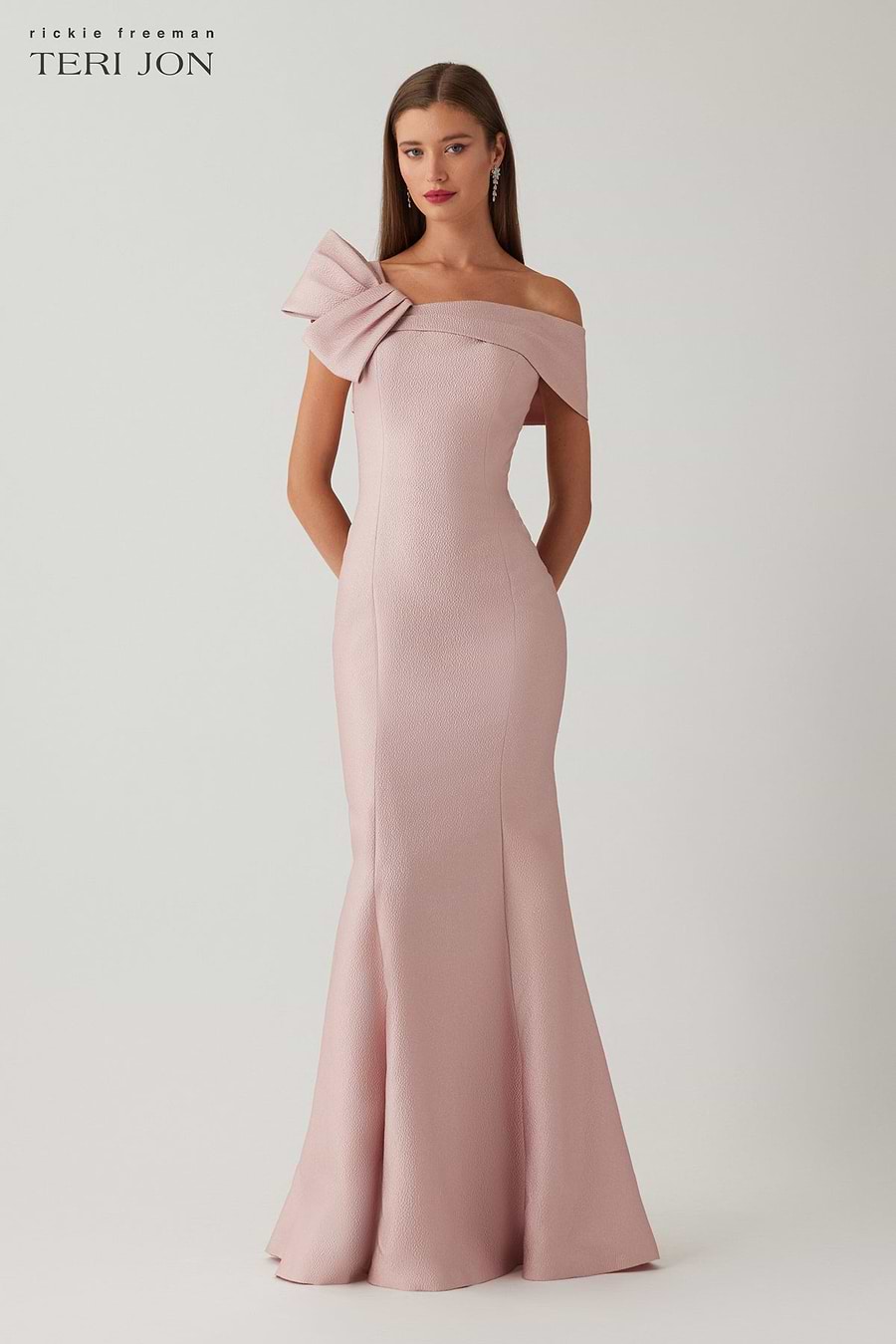 Metallic Jacquard Asymmetric Neck Bow Shoulder Gown – Terijon.com