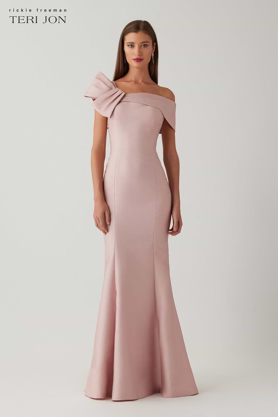 Metallic Jacquard Asymmetric Neck Bow Shoulder Gown – Terijon.com