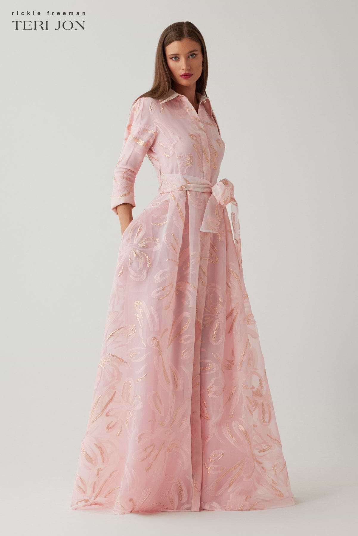 open lace back dress Metallic Organza Jacquard Shirt Waist Gown – Terijon.com