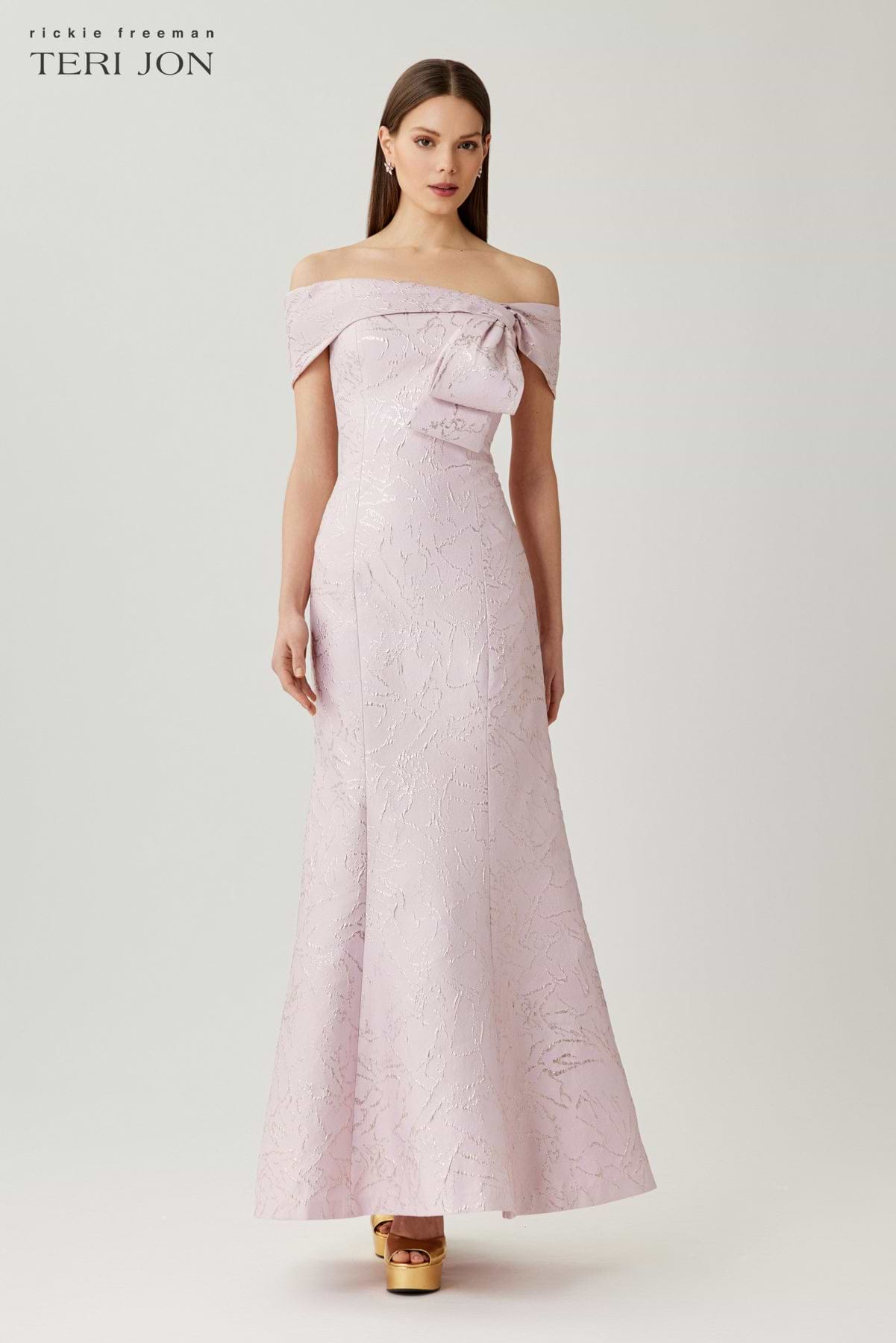 Jacquard Asymmetrical Off The Shoulder Side Bow Godet Gown Terijon.com Jacquard Asymmetrical Off The Shoulder Side Bow Godet Gown Terijon.com
