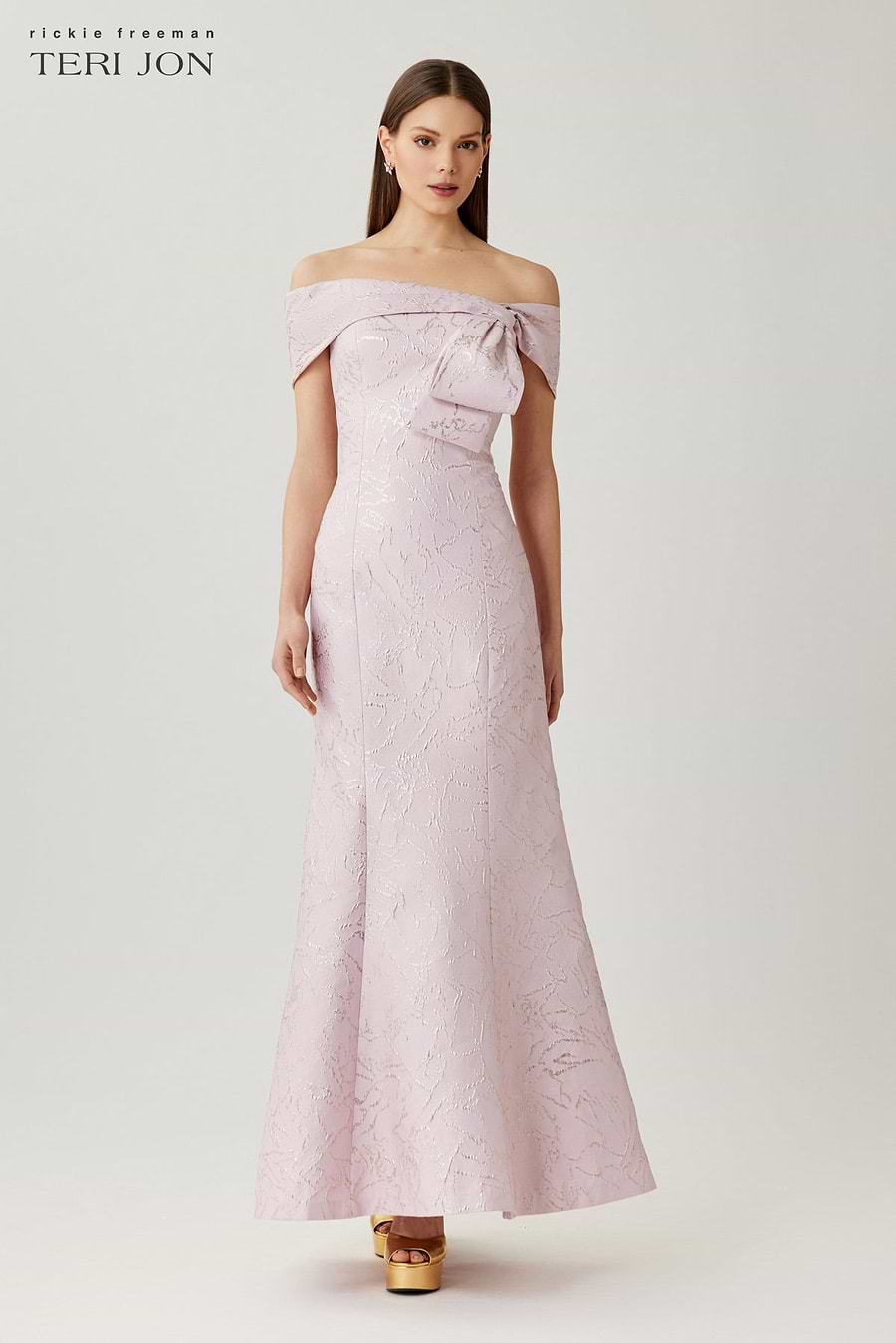 Jacquard Asymmetrical Off The Shoulder Side Bow Godet Gown