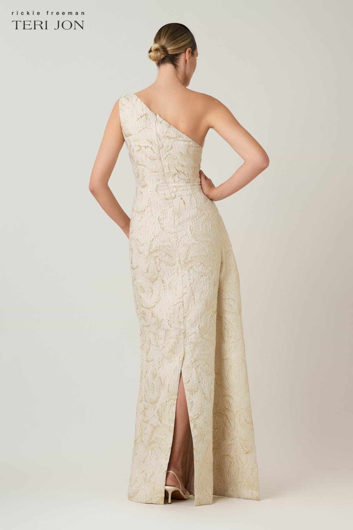 Metallic Jacquard Side Drape Peplum Gown – Terijon.com