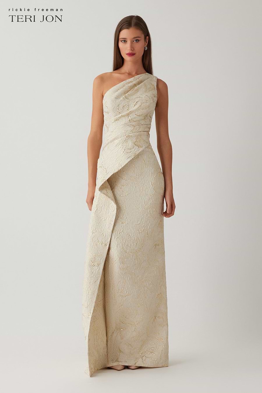 teri jon asymmetrical peplum dress Metallic Jacquard One Shoulder Side Drape Peplum Gown Terijon.com