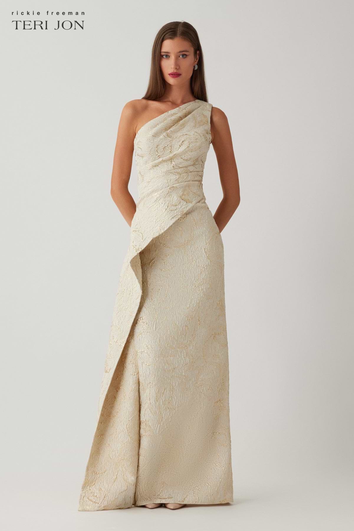 Metallic Jacquard Side Drape Peplum Gown – Terijon.com