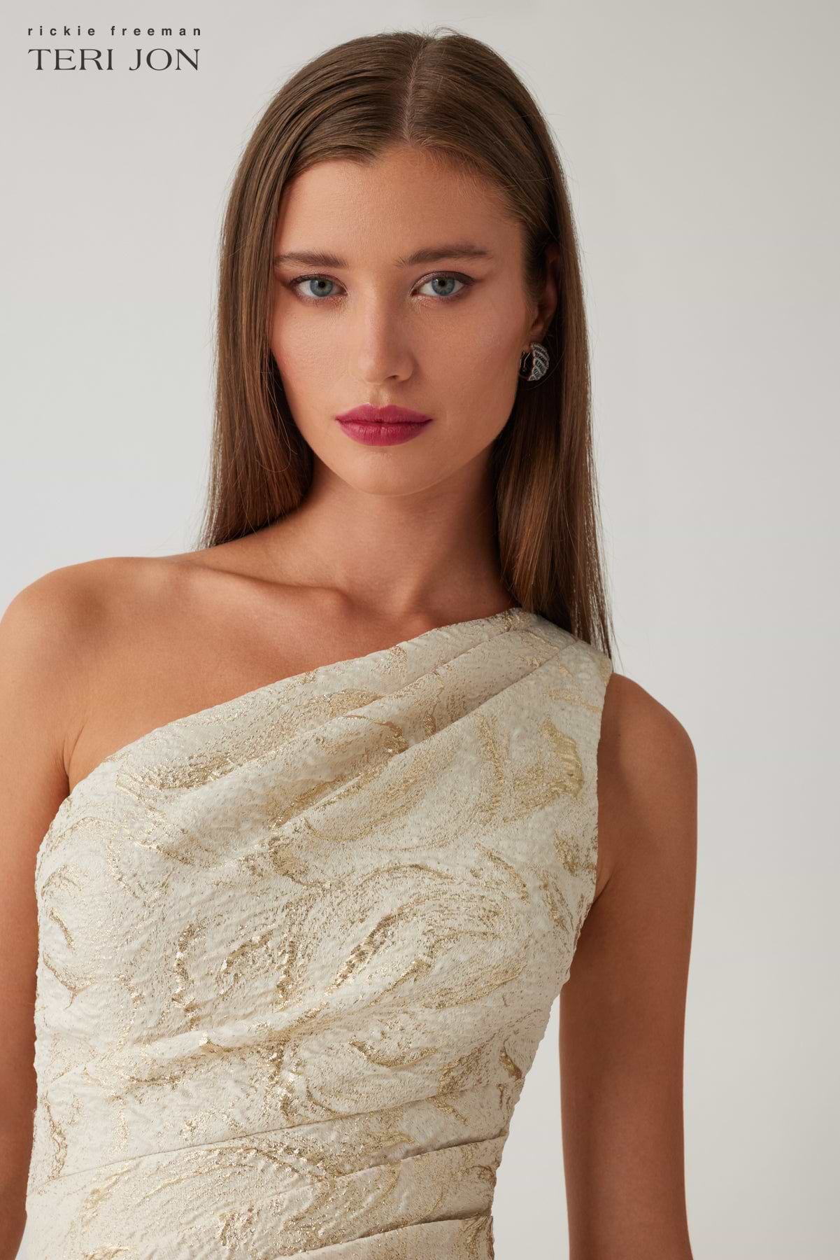 Metallic Jacquard Side Drape Peplum Gown – Terijon.com