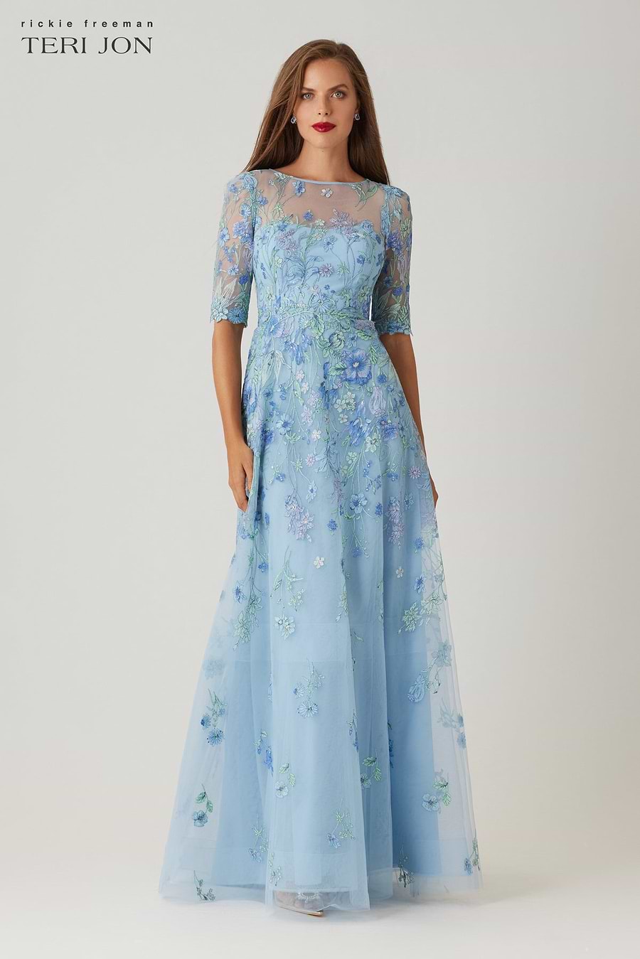 teri jon by rickie freeman embroidered tulle tea dress Embroidered Tulle Dress With Floral Print