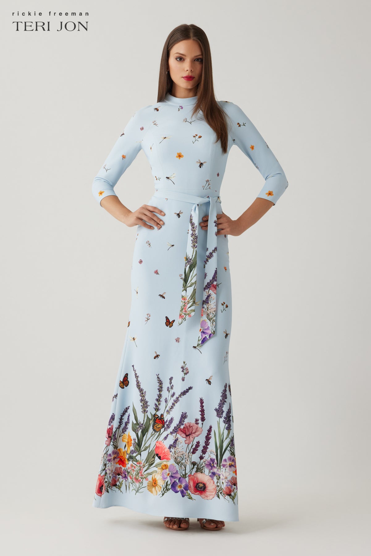 Teri Jon Crepe Floral Printed Mock Neck Gown Size 4