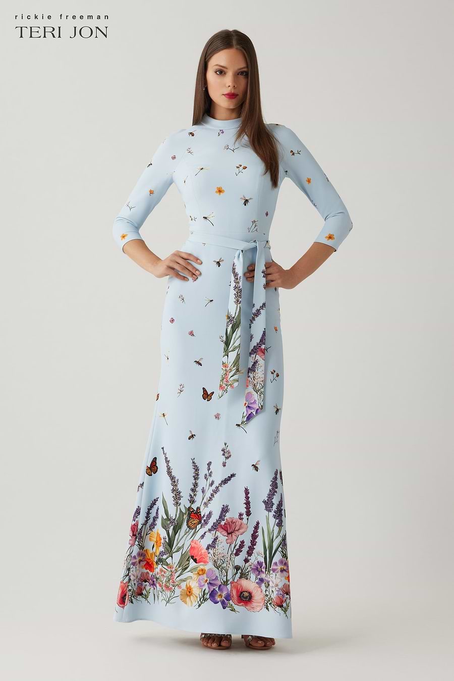 Teri Jon Crepe Floral Printed Mock Neck Gown Size 4 Teri Jon Crepe Floral Printed Mock Neck Gown Size 4