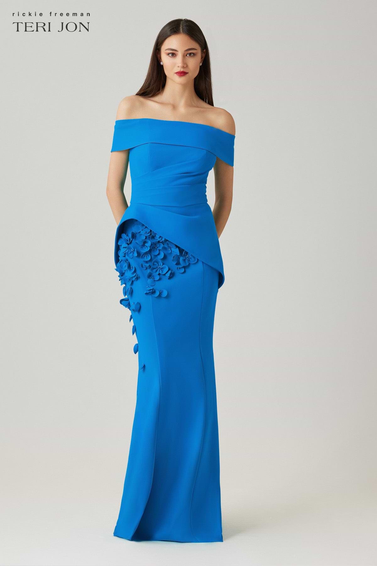 Scuba Off The Shoulder Cuff Peplum Gown with 3D Floral Trim Terijon.com Scuba Off The Shoulder Cuff Peplum Gown with 3D Floral Trim Terijon.com