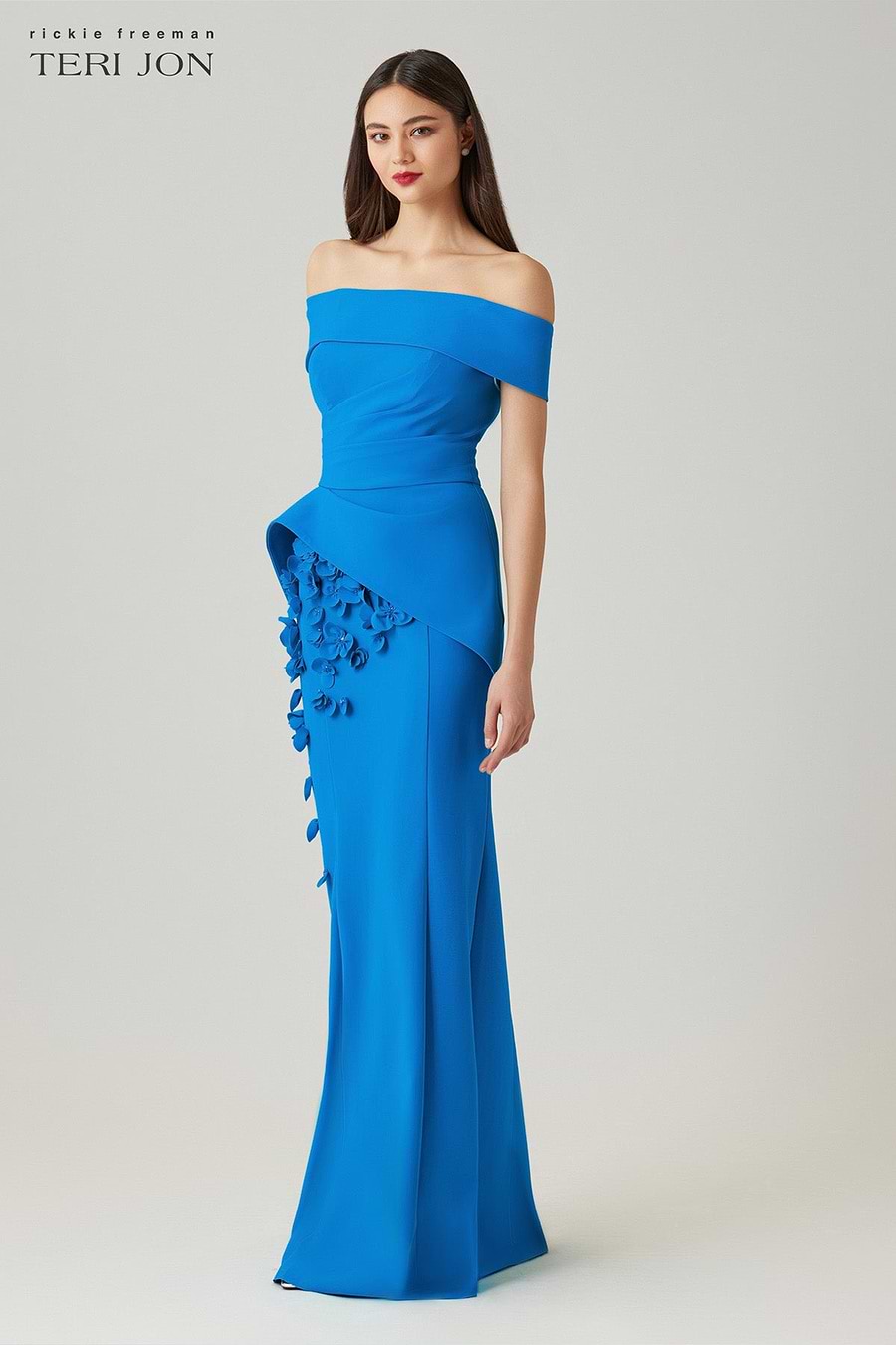 teri jon asymmetrical peplum dress Teri Jon Metallic Jacquard One Shoulder Gown - Champagne Multi