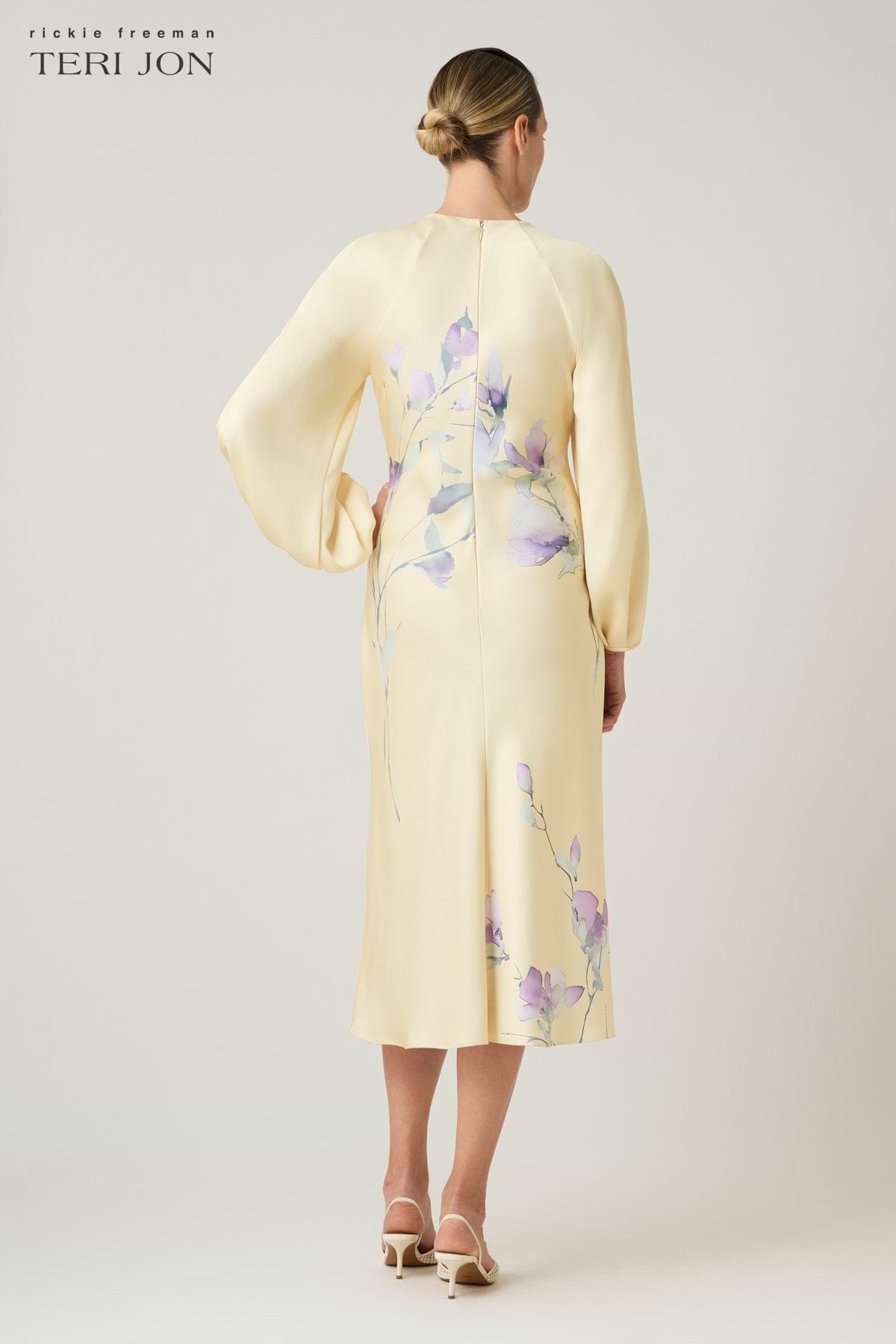 Crepe Satin Long-Sleeve Floral Print Dress – Terijon.com