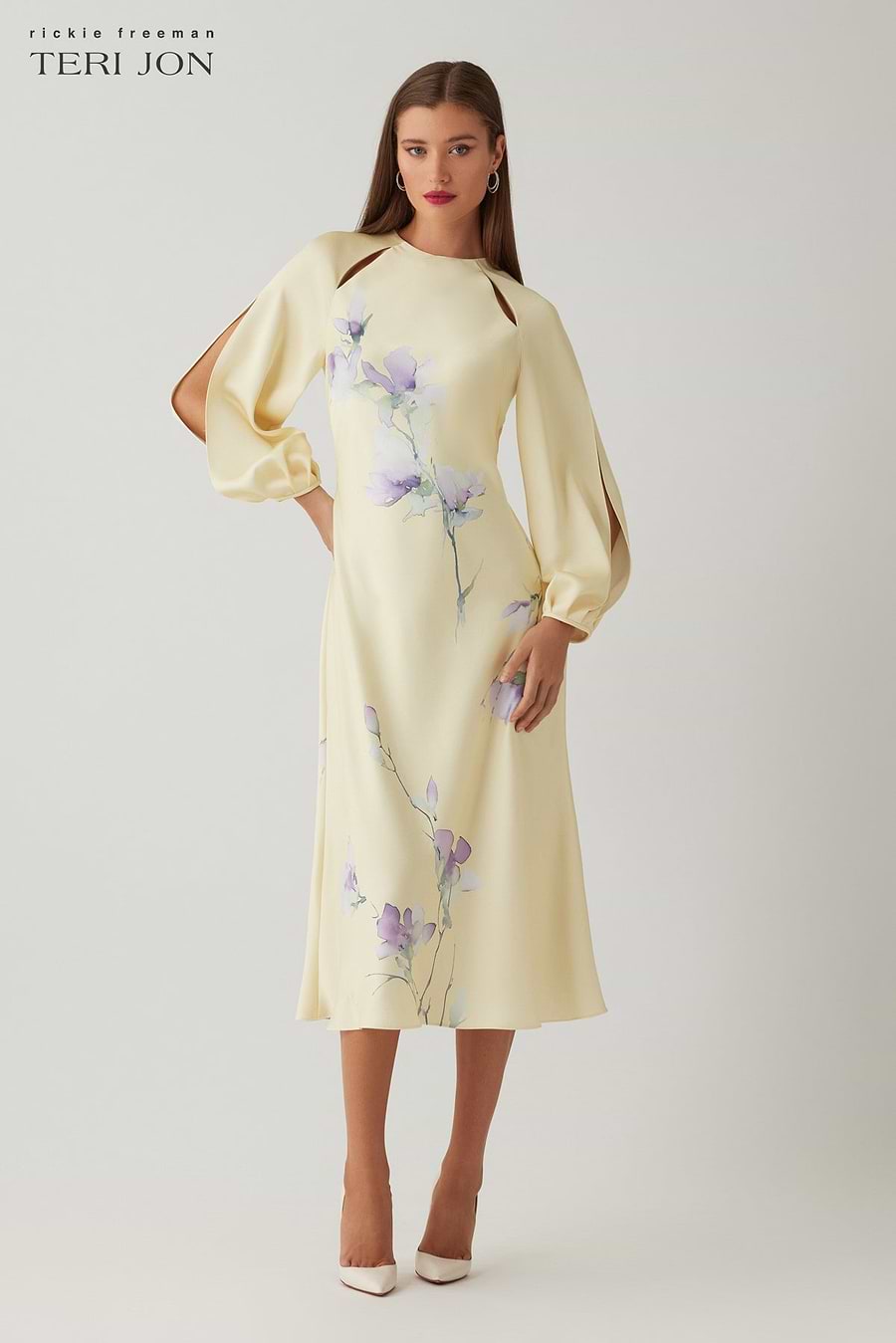 Teri Jon Crepe Satin Long Sleeve Floral Print Dress Size 12 Teri Jon Crepe Satin Long Sleeve Floral Print Dress Size 12