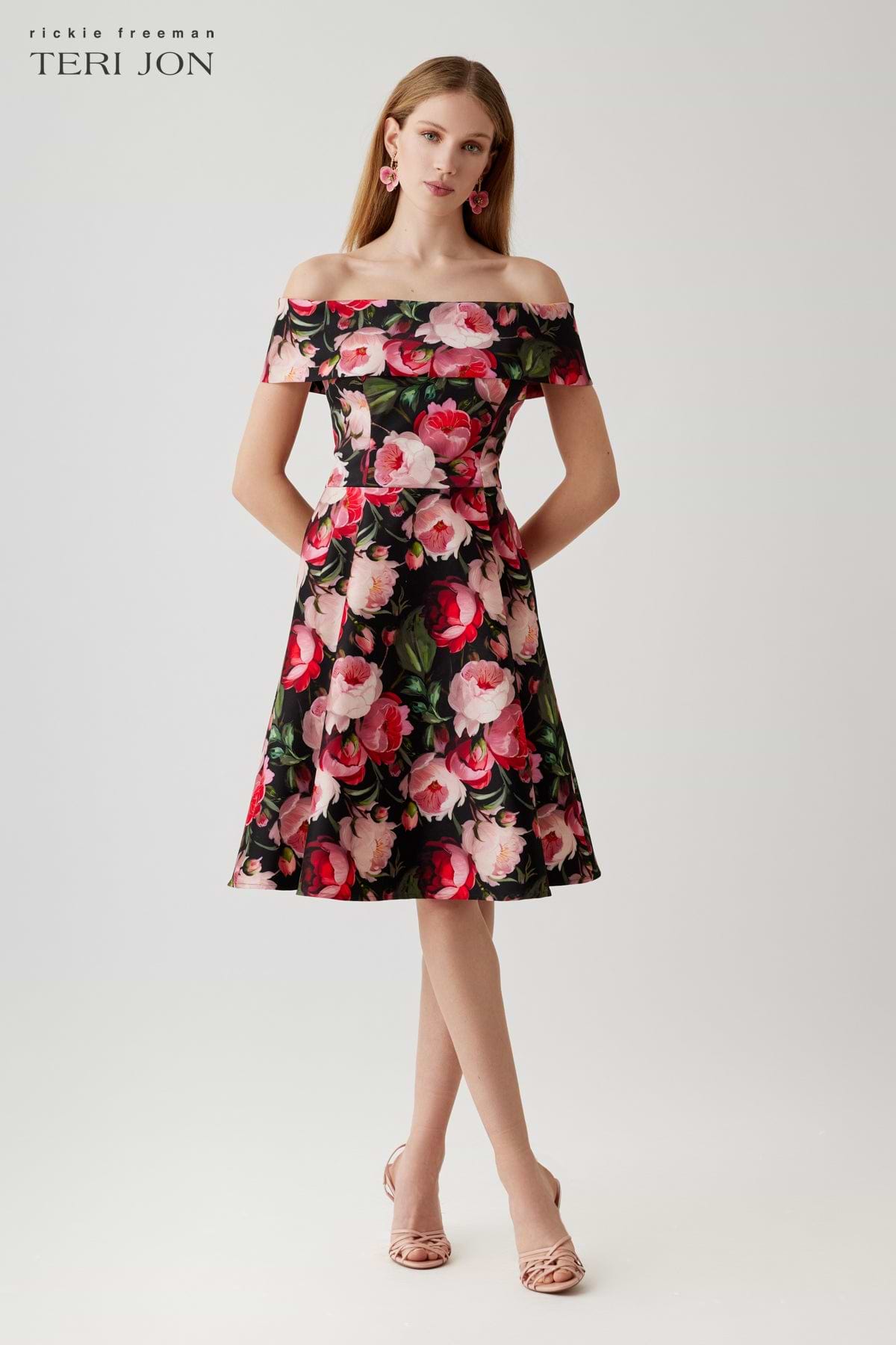 Mikado Off The Shoulder Floral Print Fit And Flare Dress  Terijon.com