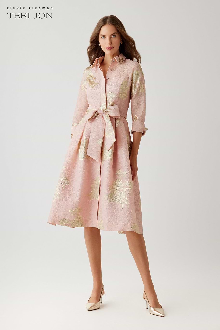 Teri Jon Metallic Floral Jacquard Shirt Waist Dress Size 20