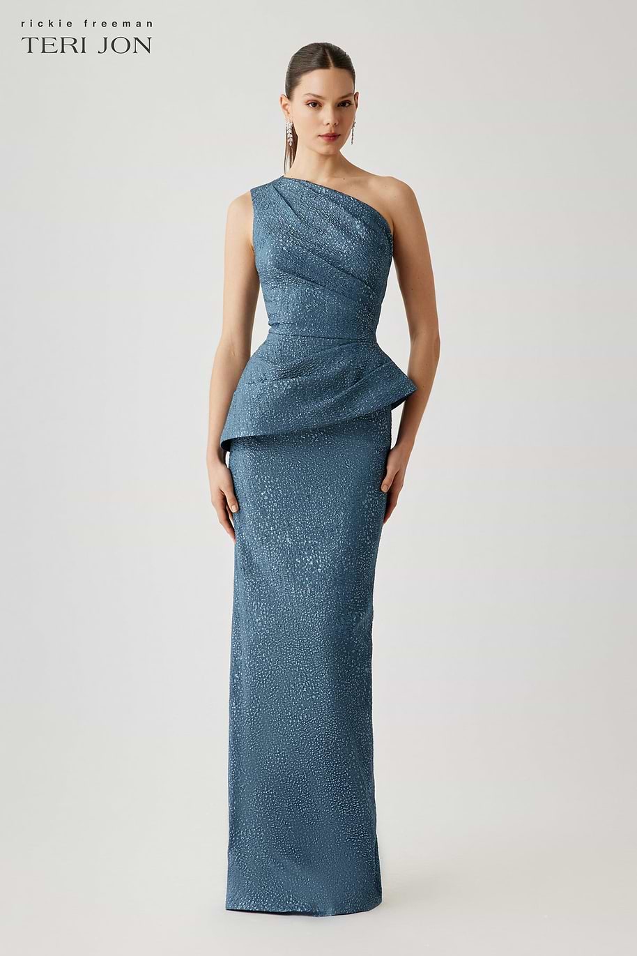 Teri Jon Metallic Jacquard One Shoulder Side Drape Peplum Gown Size 2 Teri Jon Metallic Jacquard One Shoulder Side Drape Peplum Gown Size 2