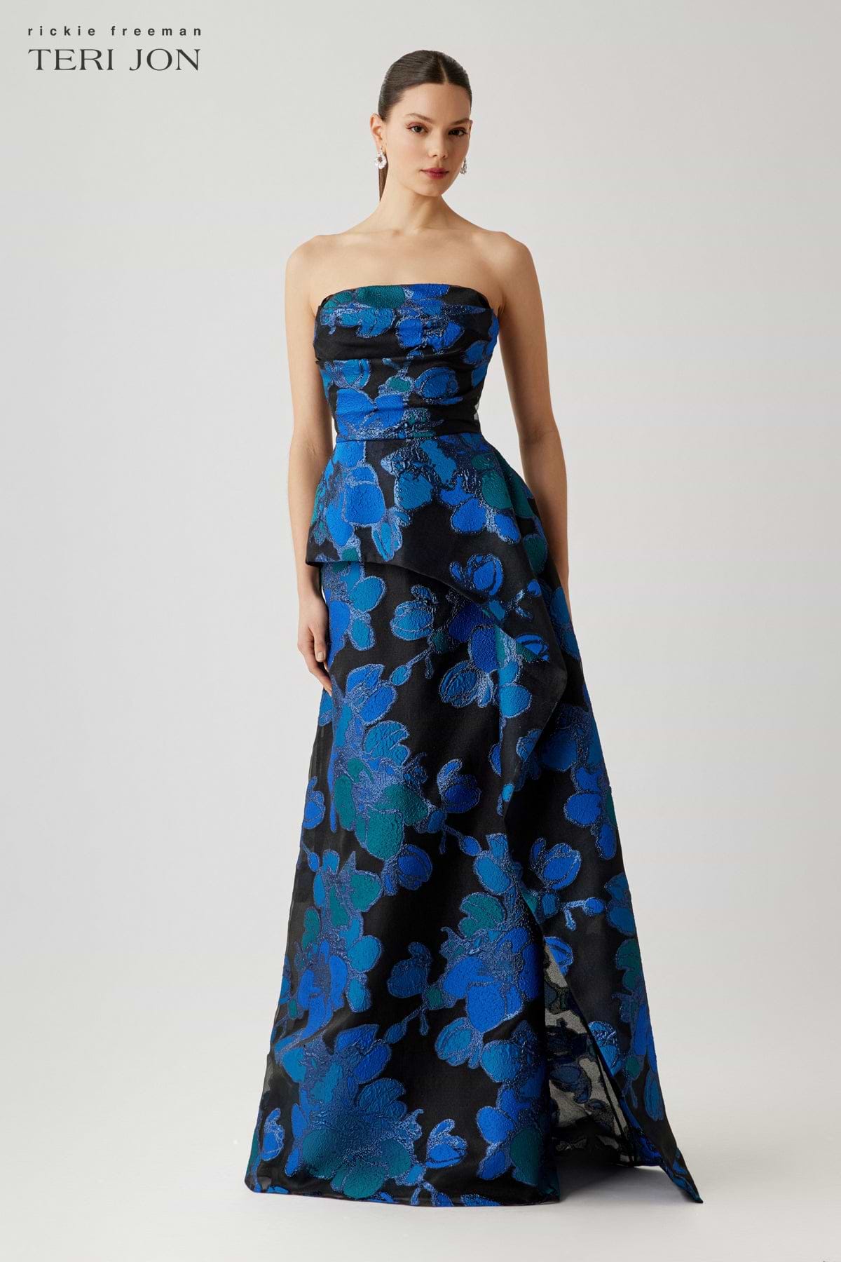 Strapless Organza Jacquard Draped Bodice Peplum Gown – Terijon.com