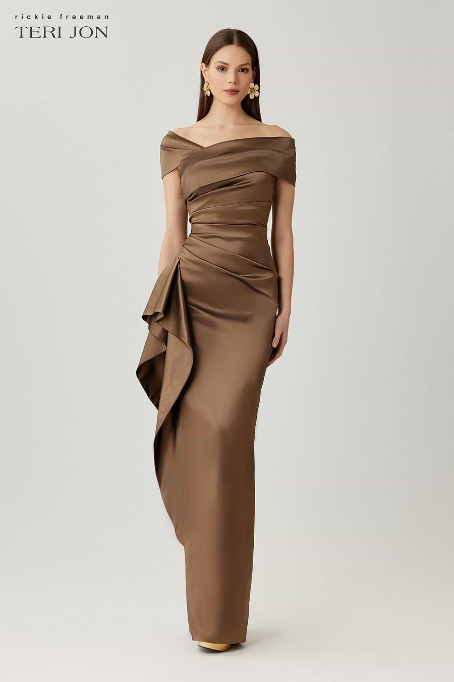 Teri Jon Stretch Taffeta Asymmetrical Off The Shoulder Side Ruffle Gown Size 0