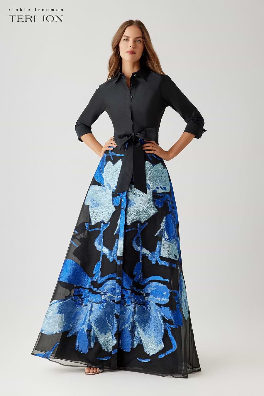 Teri Jon Taffeta Shirtwaist Metallic Organza Skirt Gown Size 20 Teri Jon Taffeta Shirtwaist Metallic Organza Skirt Gown Size 20