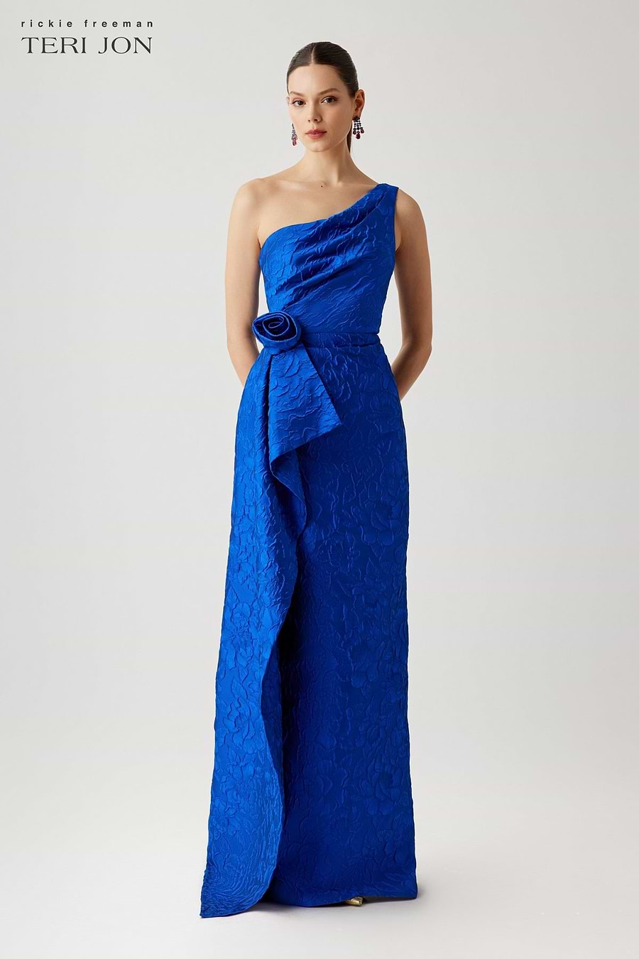 Tonal Jacquard One Shoulder Side Drape Self Flower Gown – Terijon.com