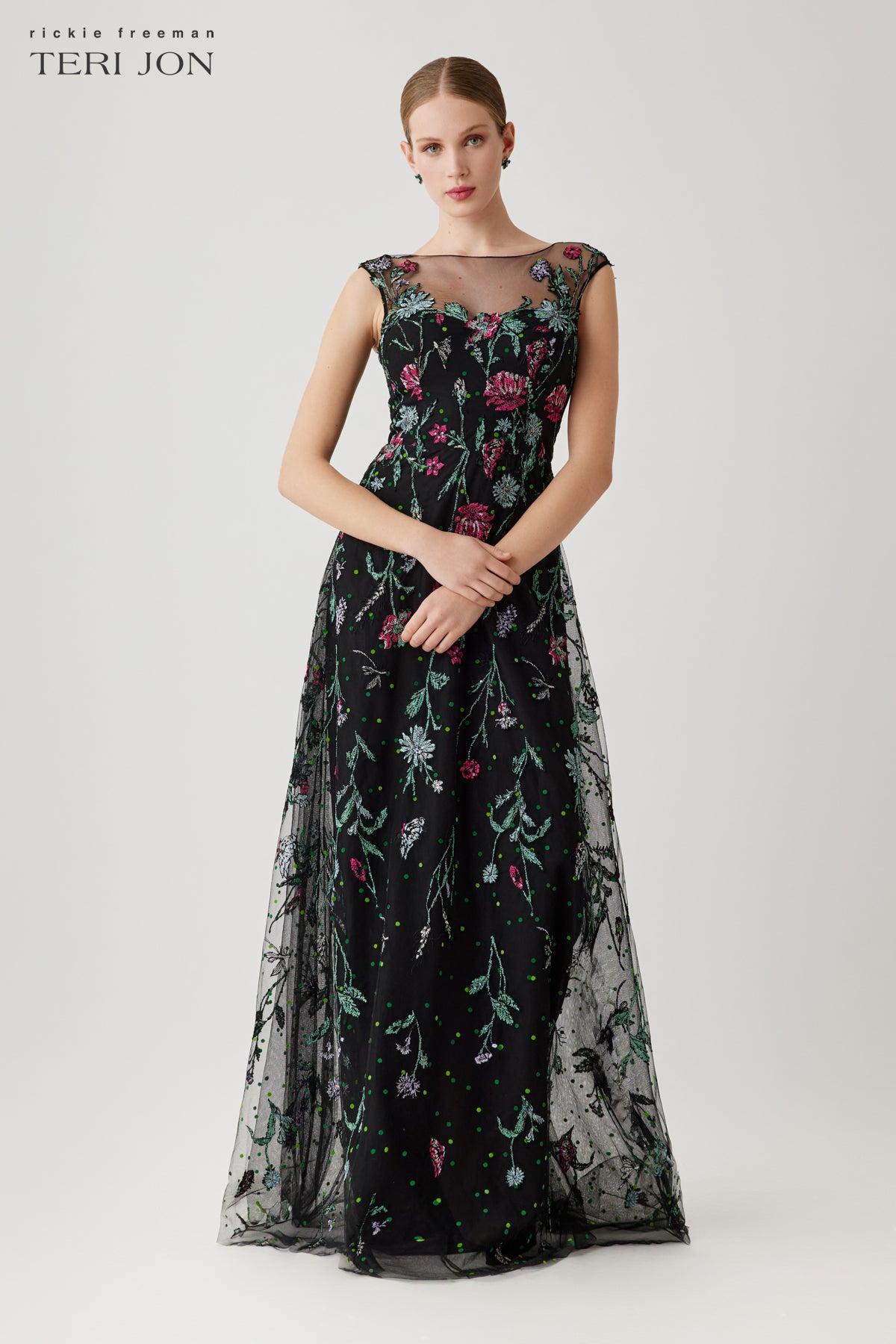 Embroidered Tulle Cap Sleeve Fit And Flare Gown  Terijon.com