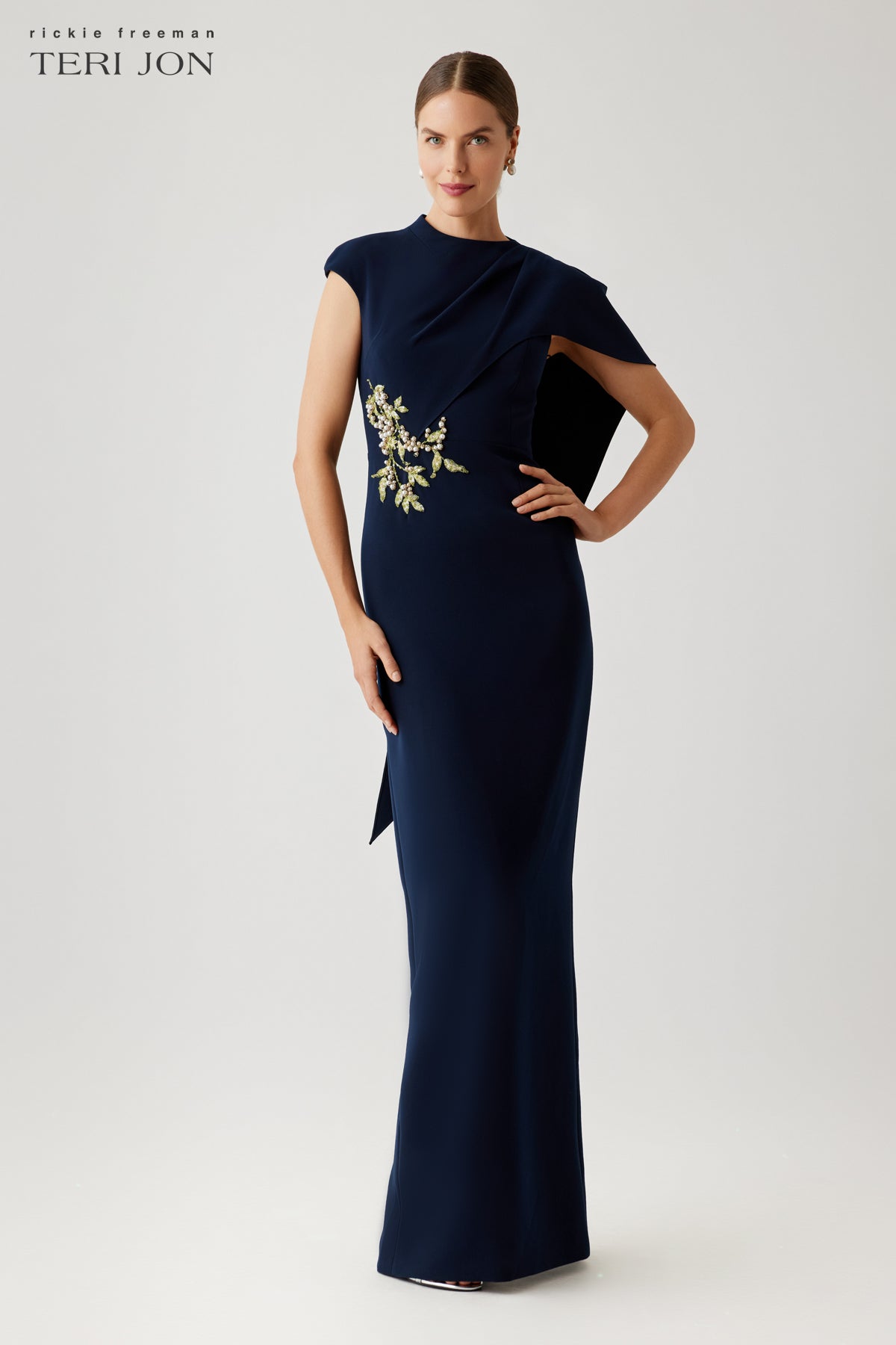 Crepe Asymmetric Capelet Pearl Applique Waist Trim Gown – Terijon.com