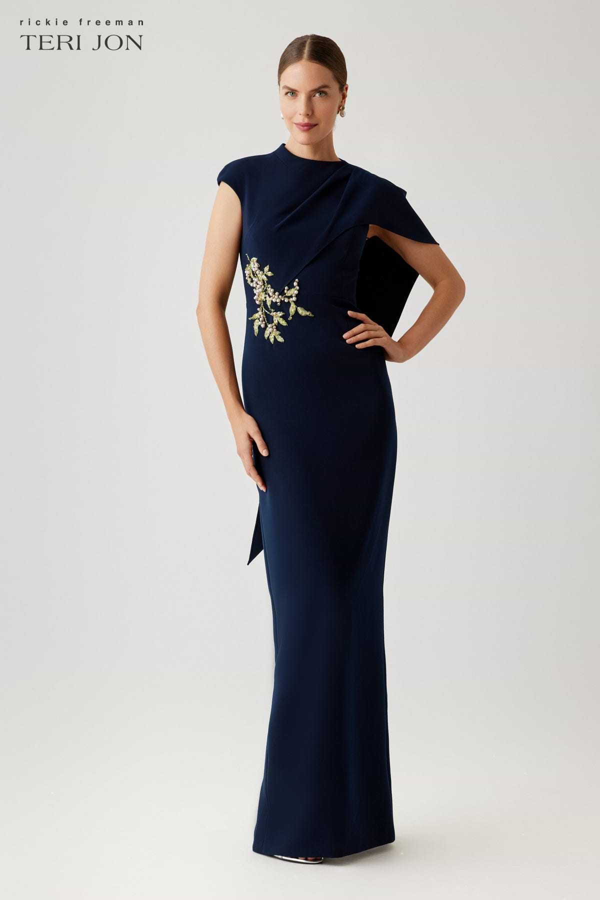 Crepe Asymmetric Capelet Pearl Applique Waist Trim Gown Terijon.com Crepe Asymmetric Capelet Pearl Applique Waist Trim Gown Terijon.com