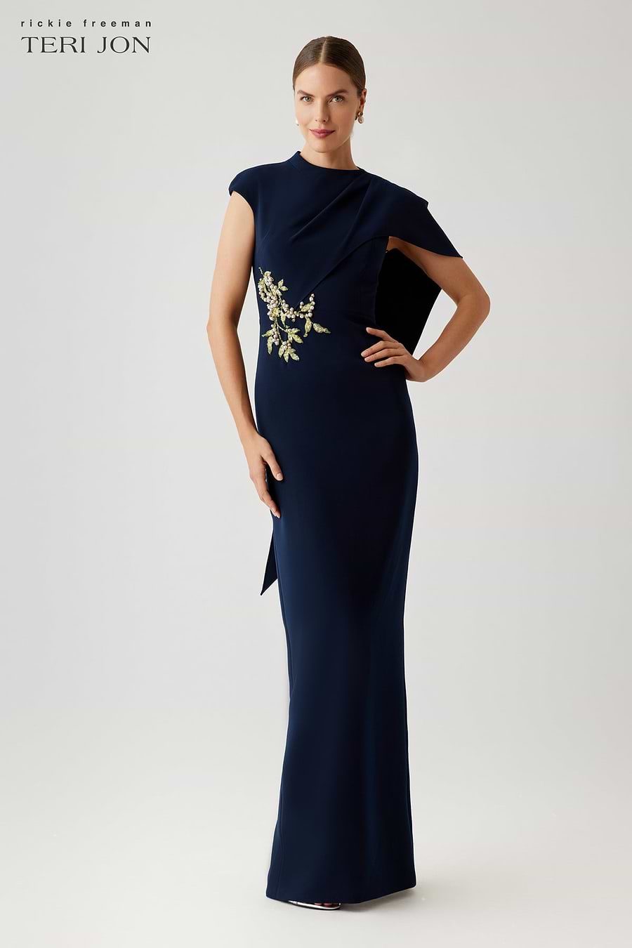 Crepe Asymmetric Capelet Pearl Applique Waist Trim Gown Terijon.com Crepe Asymmetric Capelet Pearl Applique Waist Trim Gown Terijon.com