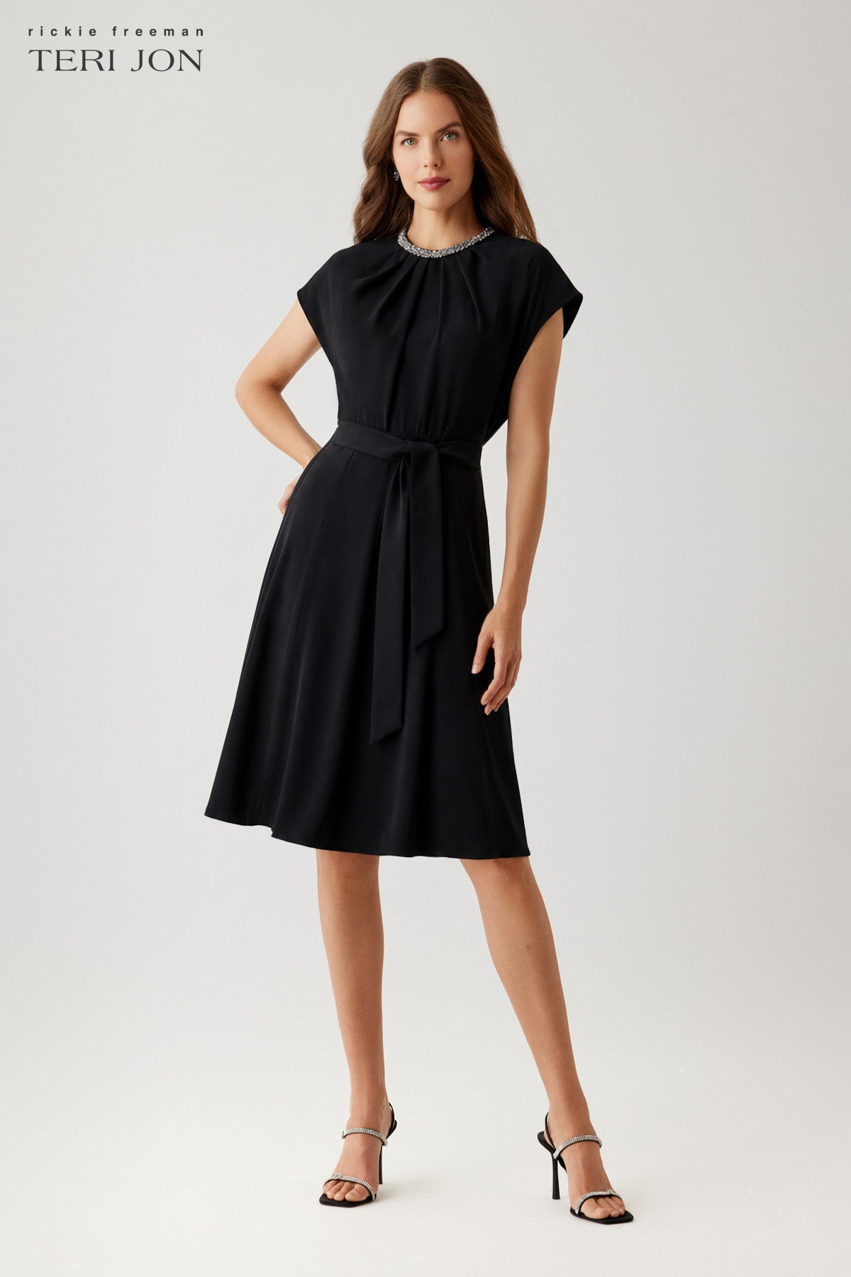 Crepe Necklace Trim Capelet Sleeve Drape Aline Dress