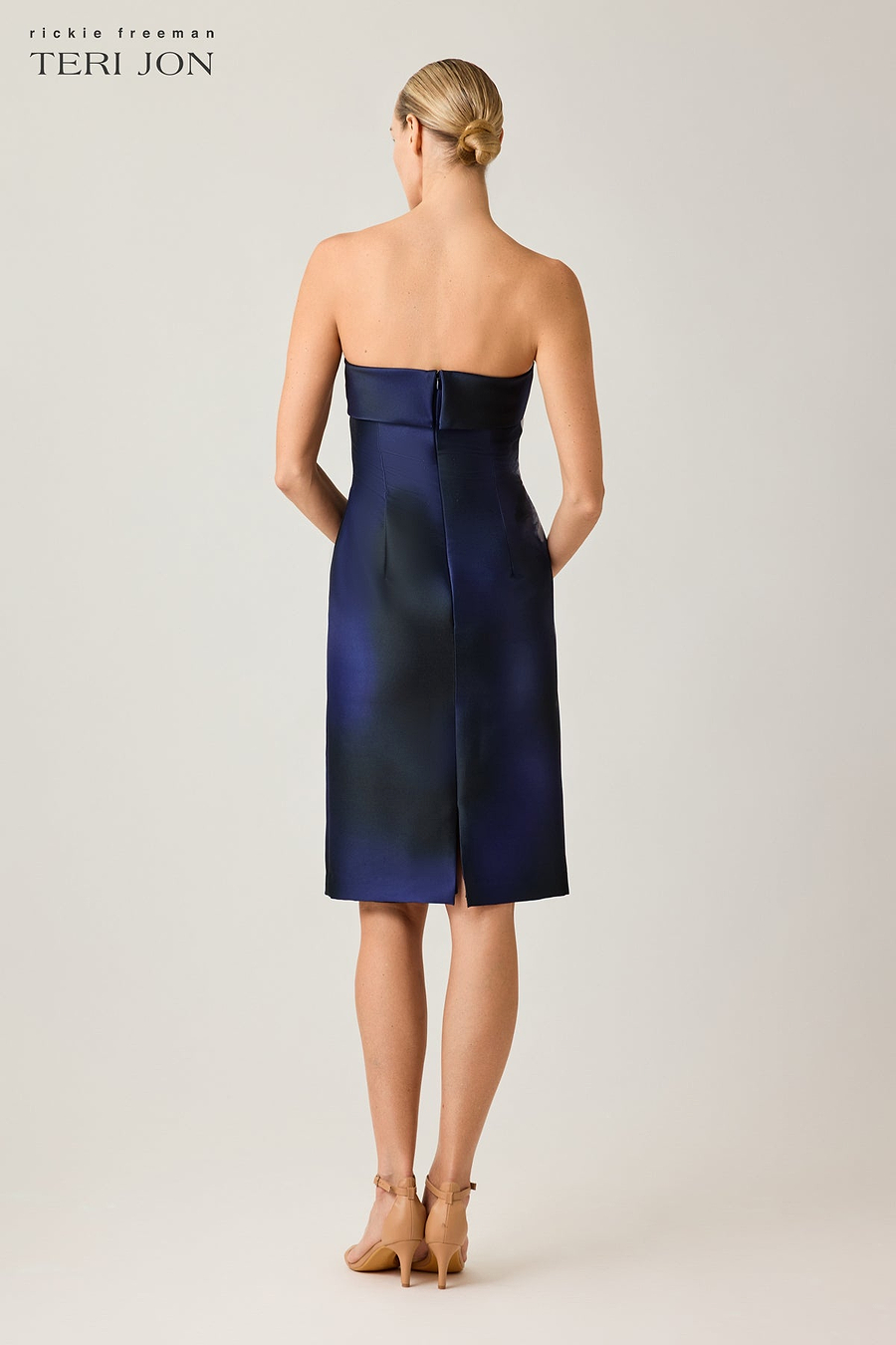 navy blue strapless knee length dress Strapless Pleated knee length Dress with Asymmetric Neckline 40035