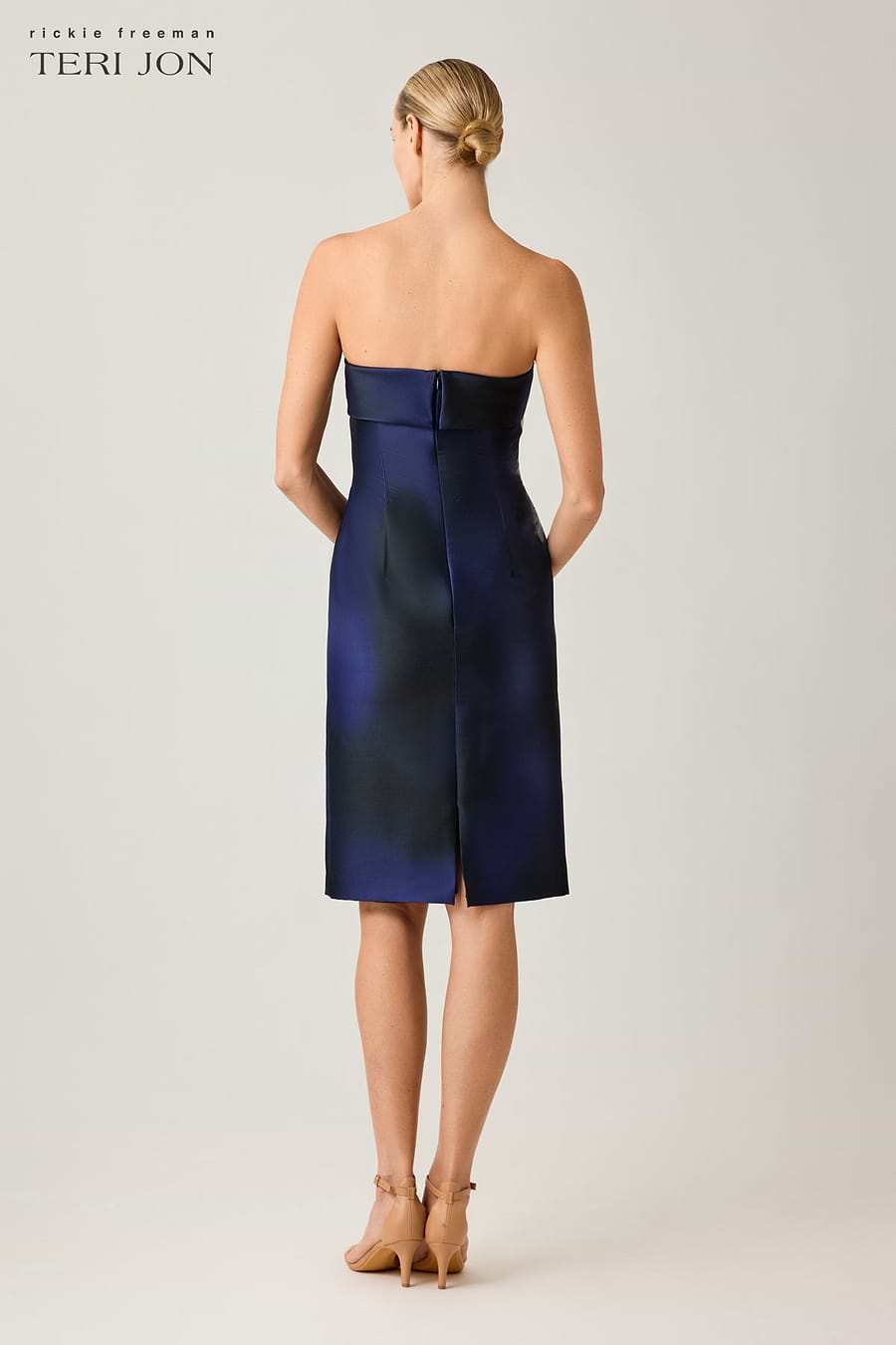 navy blue strapless knee length dress Strapless Pleated knee length Dress with Asymmetric Neckline 40035