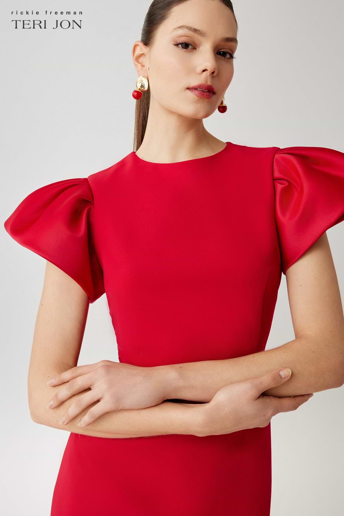 red sheath dress Teri Jon Crepe Sheath Dress With Satin Flounce Short Sleeves Size 22