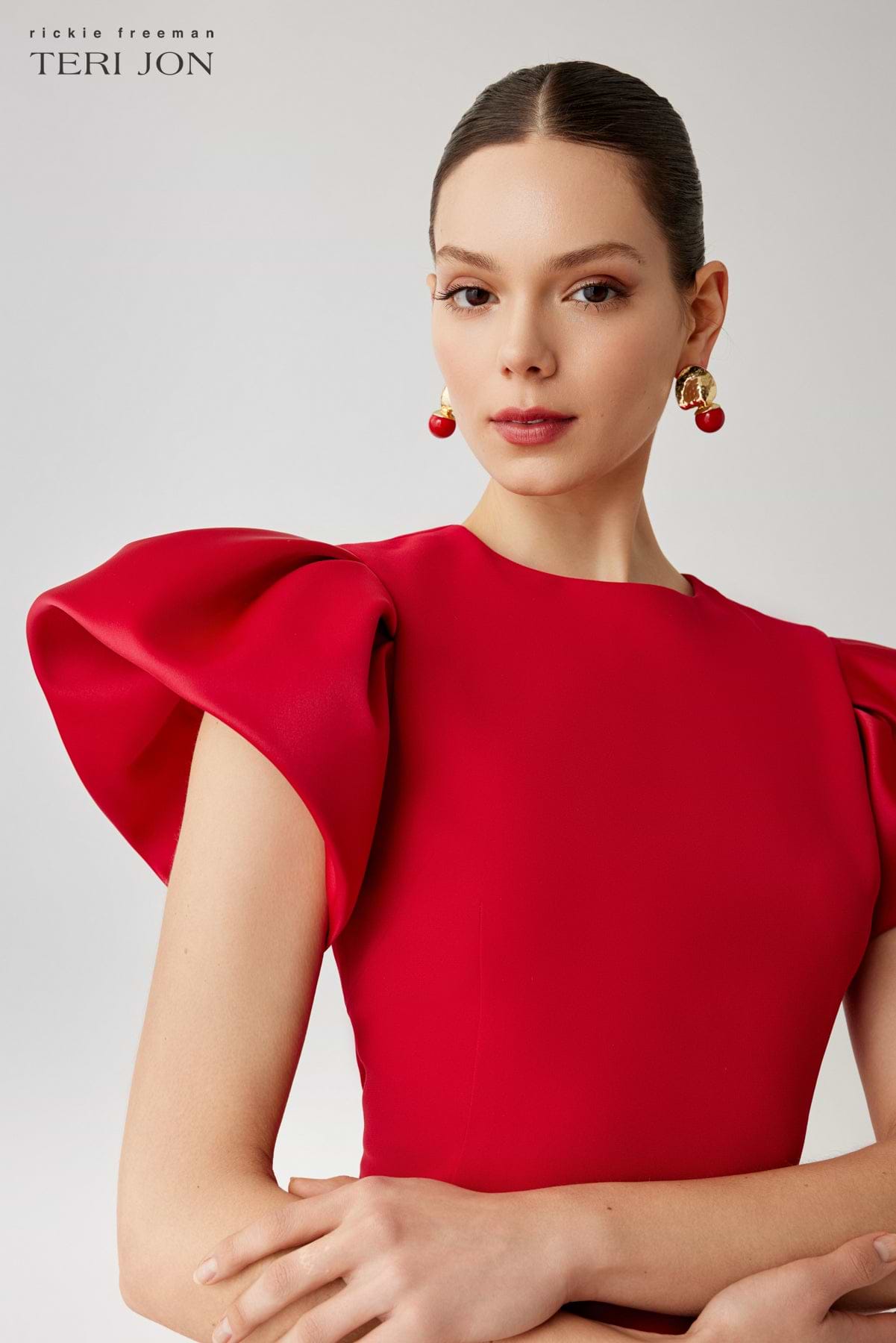 Teri Jon Crepe Sheath Dress With Satin Flounce Short Sleeves Size 22