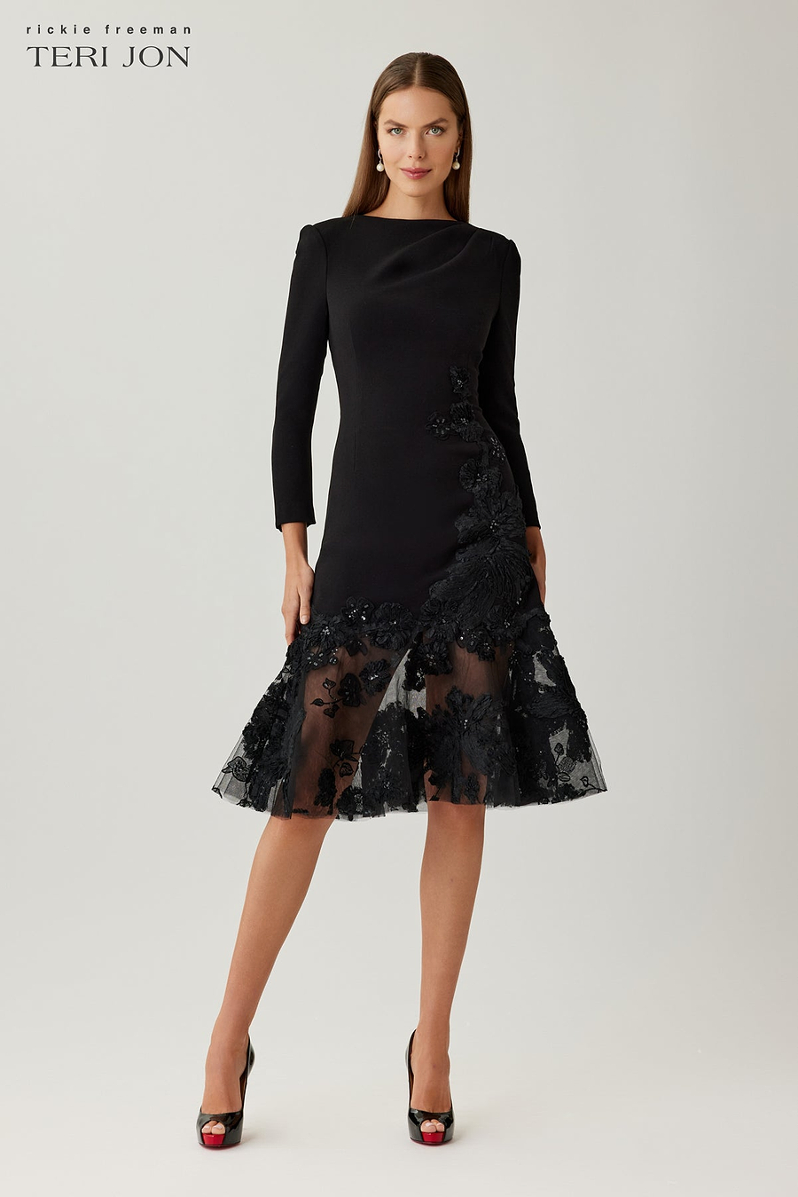Crepe Lace Trim Tea Length Dress – Terijon.com