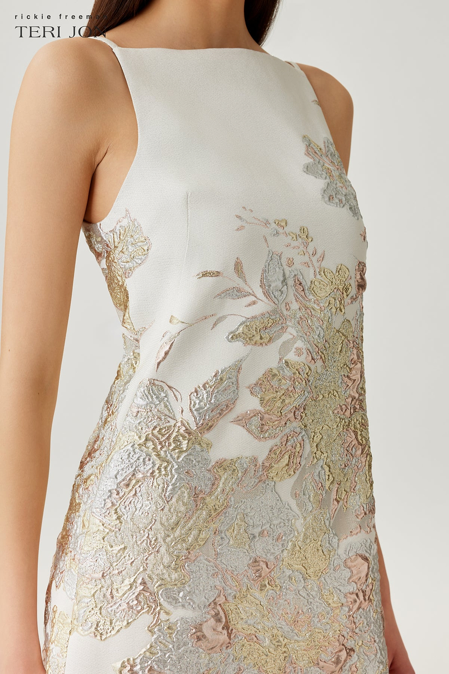 metallic jacquard sheath dress Metallic Floral Jacquard Crystal Embellished Cut Out Sheath Dress -  Pink/Gold