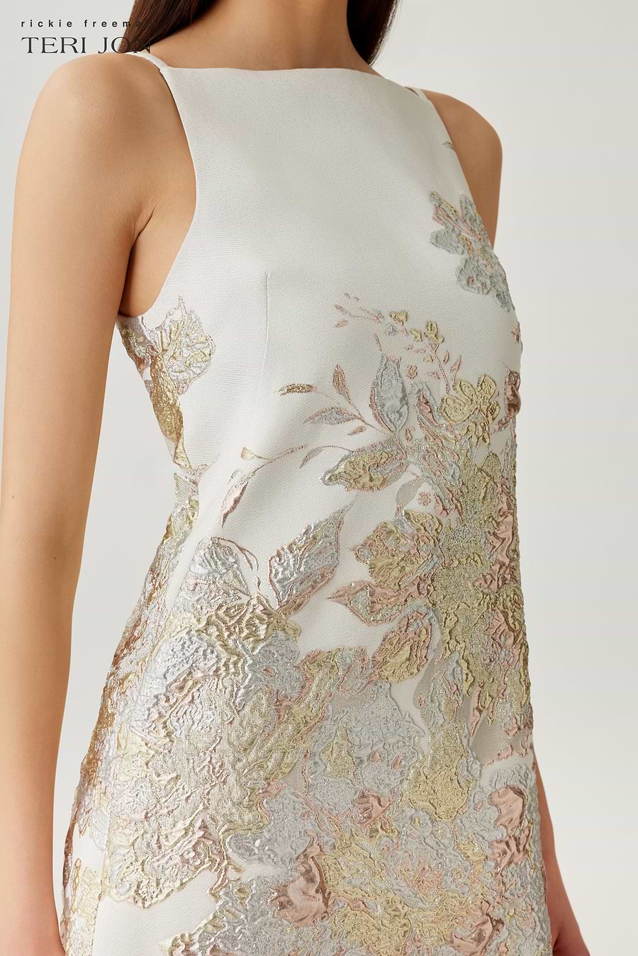 metallic jacquard sheath dress Metallic Floral Jacquard Crystal Embellished Cut Out Sheath Dress - Pink/Gold
