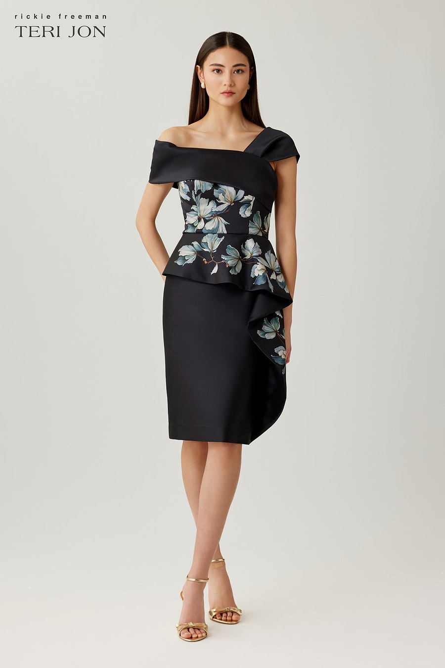 side peplum dress Montage by Mon Cheri M902 Off-The-Shoulder Side Peplum Dress