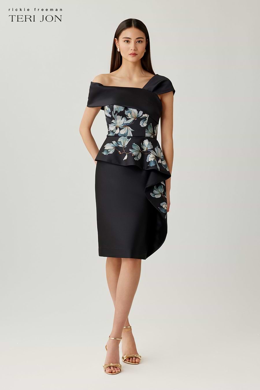 side peplum dress Montage by Mon Cheri M902 Off-The-Shoulder Side Peplum Dress