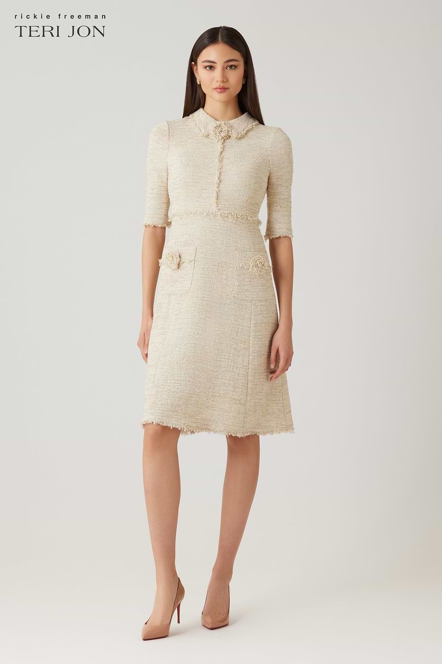 gold tweed dress Evelyn in Multi sequins adorn the dress adding glamour to a refined silhouette OLIVIA GOLD - Tweed fabric