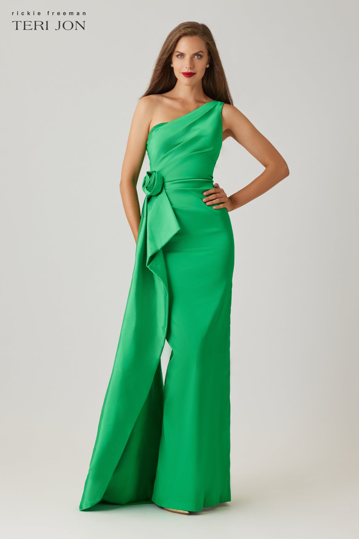 slim fit dress slacks Taffeta One Shoulder Gown with Flower Corsage – Terijon.com