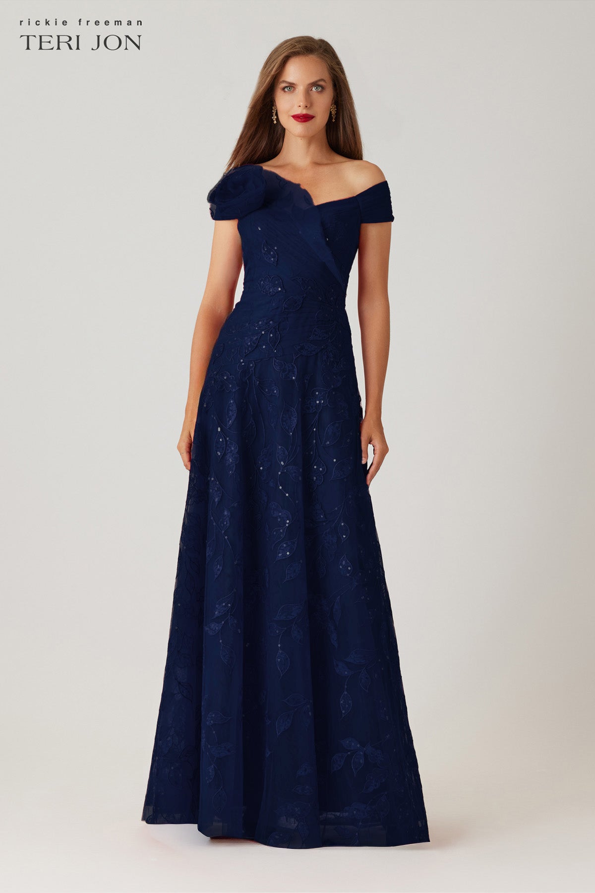 teri jon lace dress Lace Sweetheart Bodice Off The Shoulder Gown