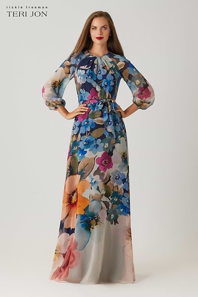 maxi chiffon floral dress Teri Jon Chiffon Floral Print Maxi Gown Size 2
