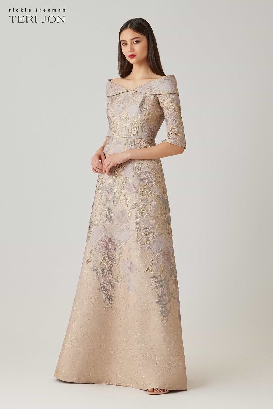 teri jon by rickie freeman floral embroidered off-the-shoulder dress Teri Jon by Rickie Freeman Floral Embroidered Off-the-Shoulder Dress