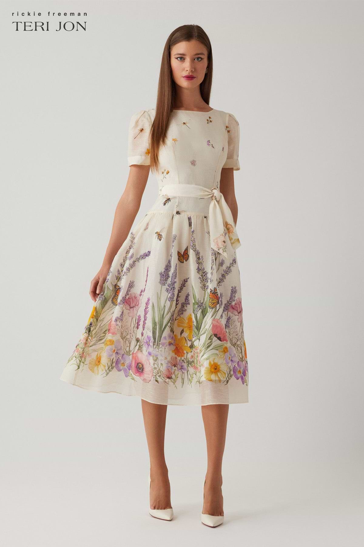 Silk Linen Drop Waist Border Printed Dress  Terijon.com