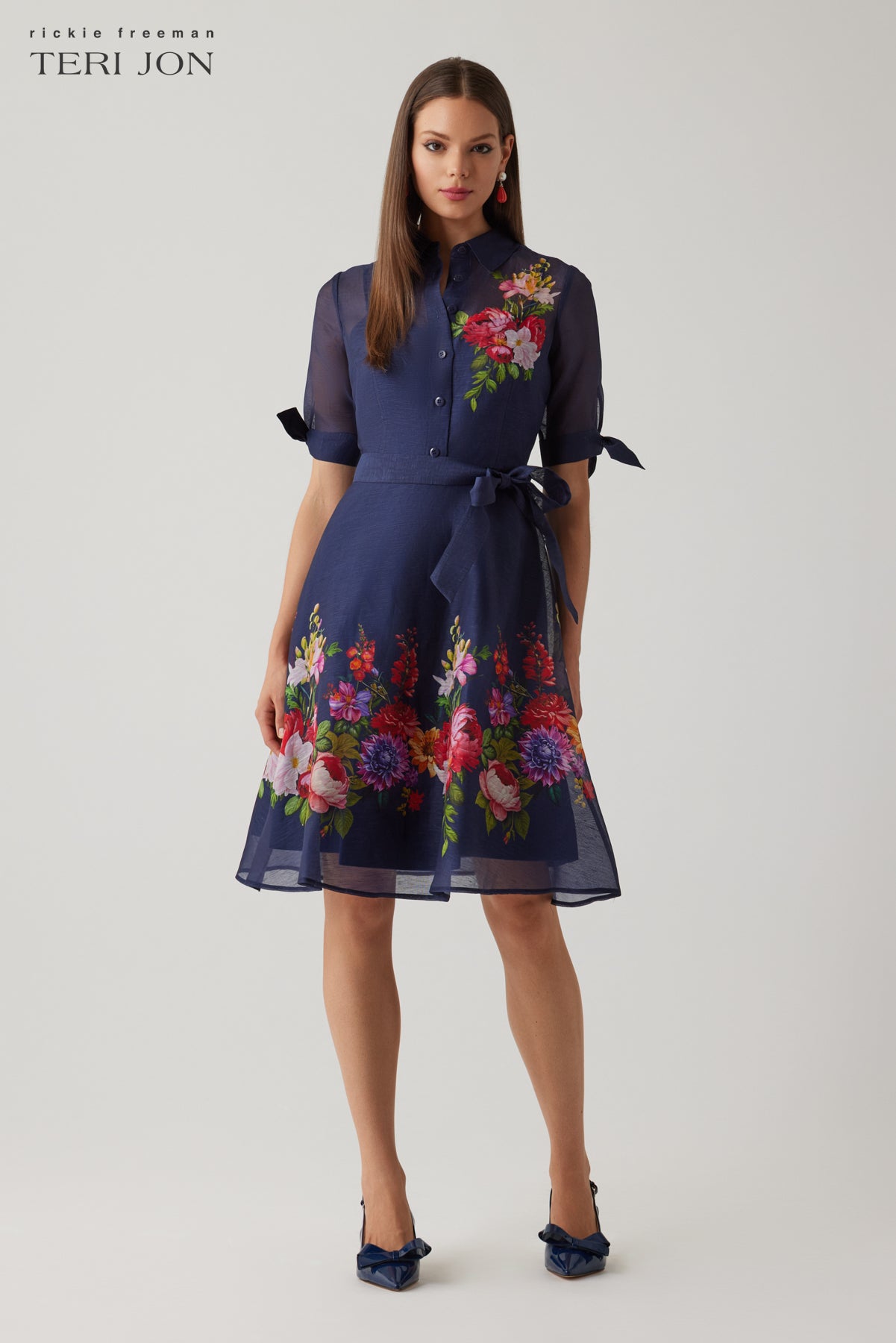Teri Jon By Rickie Freeman Women's Floral Border Shirtdress - Blue - Size 16 - Navy Multi